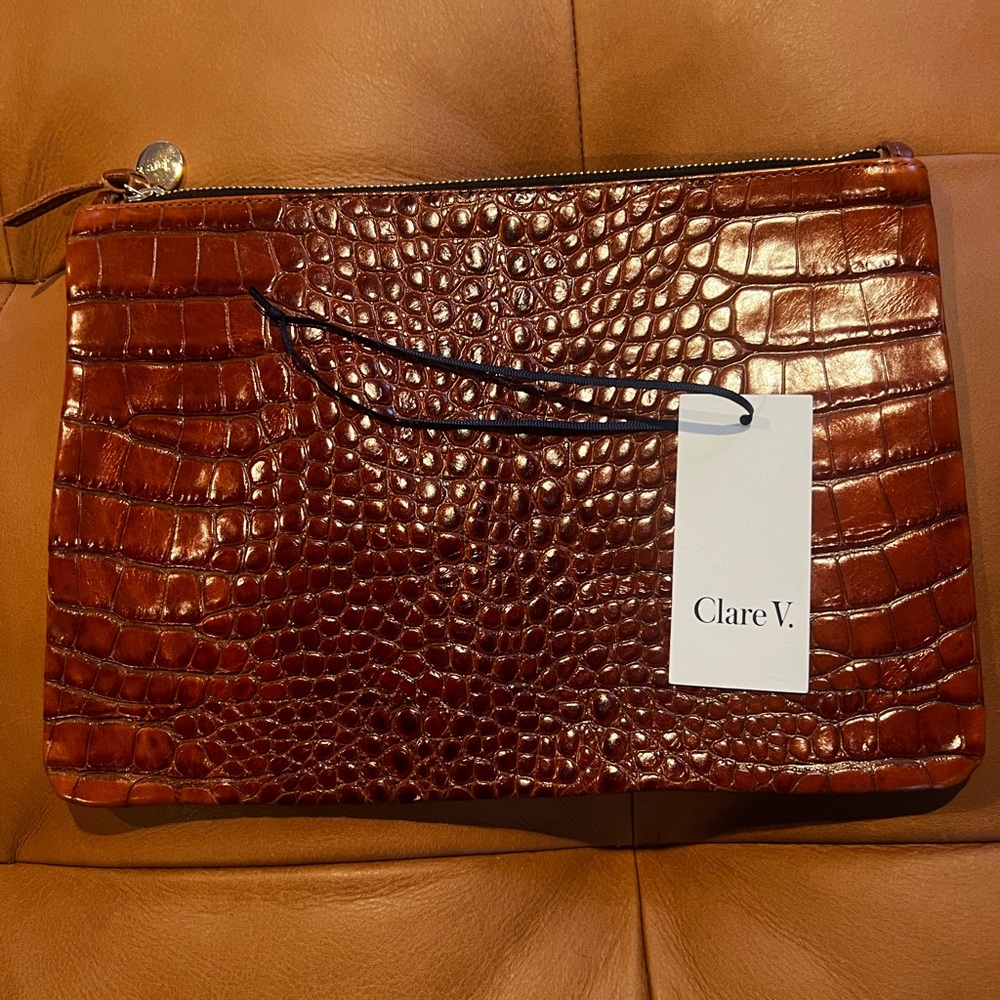 Clare V flat clutch with tabs in Cuoio Autumn Croco